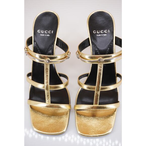 Gucci Divine Gold Silver Strappy Metallic Sandals Size 37 NIB $920 Logo Bit Cage - Picture 5 of 12